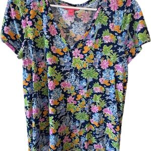 Disney Navy V-Neck Short Sleeve Top with Multicolor Floral Print